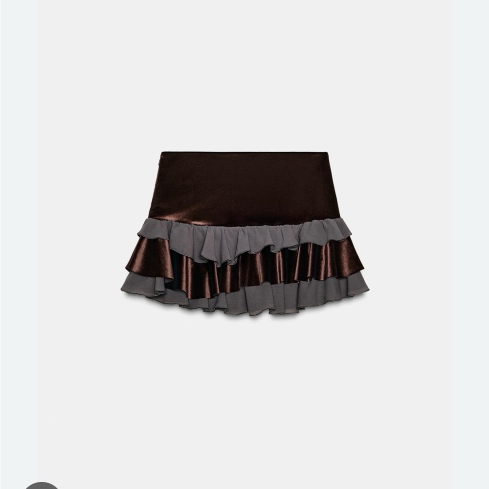 Zara - Combination Ruffled Satin Mini Skirt in Dark Brown and Velvet -XS